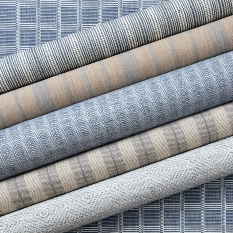 QS Styled Blue - Rag Rug, Linen Twill Stripe, Somerville Trellis, Gardin Grid, Arches, Seville Stripe 2