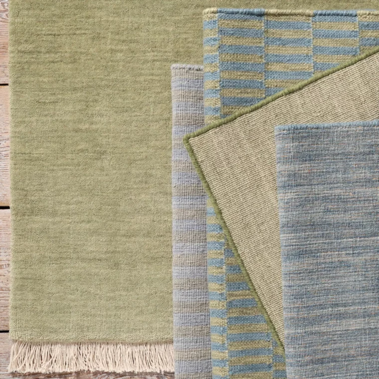 ECloth Colorstory Celadon - Velvet, Space Dyed Stripe, Dhurrie Post, Contrast Whipstitch, Rustic