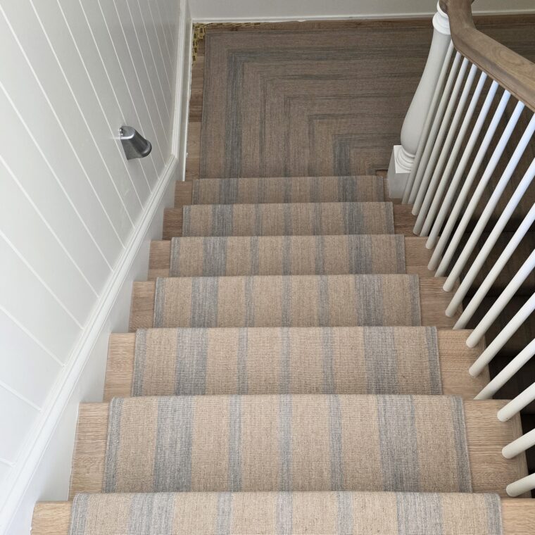 ECloth Seville Stripe Flatweave Platinum, Linen Quick Ship Stair Runner & Mitered Landing 3