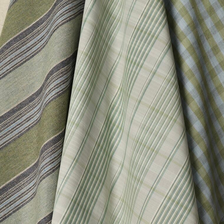 Fabric Hiley Plaid Celadon Styled, Marfa Stripe, Saybrook Check 5
